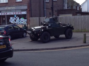 Armoured car outside Bovingdon Chip shop 2013