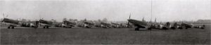 An entire complement of Spitfires Mk. IXC of No. 485 (New Zealand) Squadron lined up at the USAAF Station 112 Bovingdon in Hertfordshire on 30 March 1944